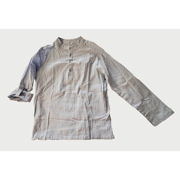 Henley Shirt Women's Sz L Gauze Popover Top Linen Cotton Adjustable Sleeve Blue - Picture 8 of 10